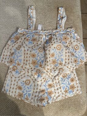Embroidered Floral Two-Piece Romper in White, Blue & Tan